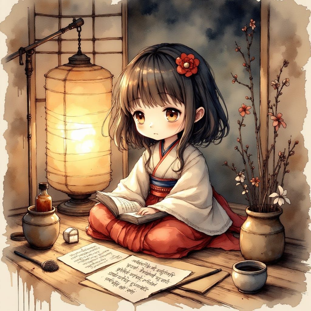 Chibi Poet in Traditional Japanese Attire