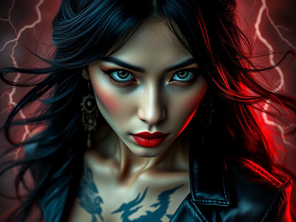 Cyberpunk Goddess in Leather, Red Lightning, and Tattoos