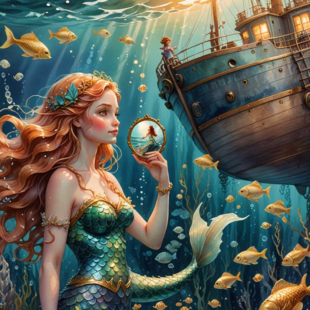 Mermaid and Ship in Dreamy Watercolor Style