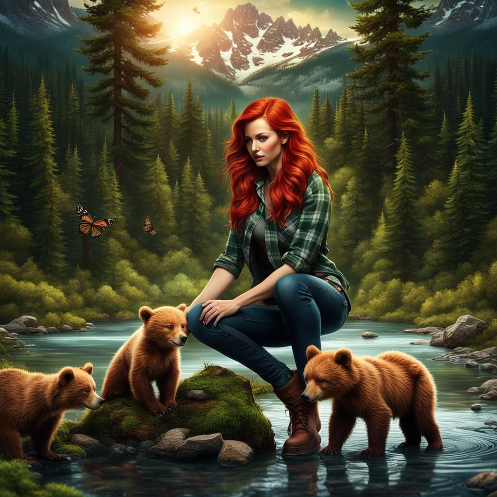 Red-Haired Woman with Axe in Evergreen Forest