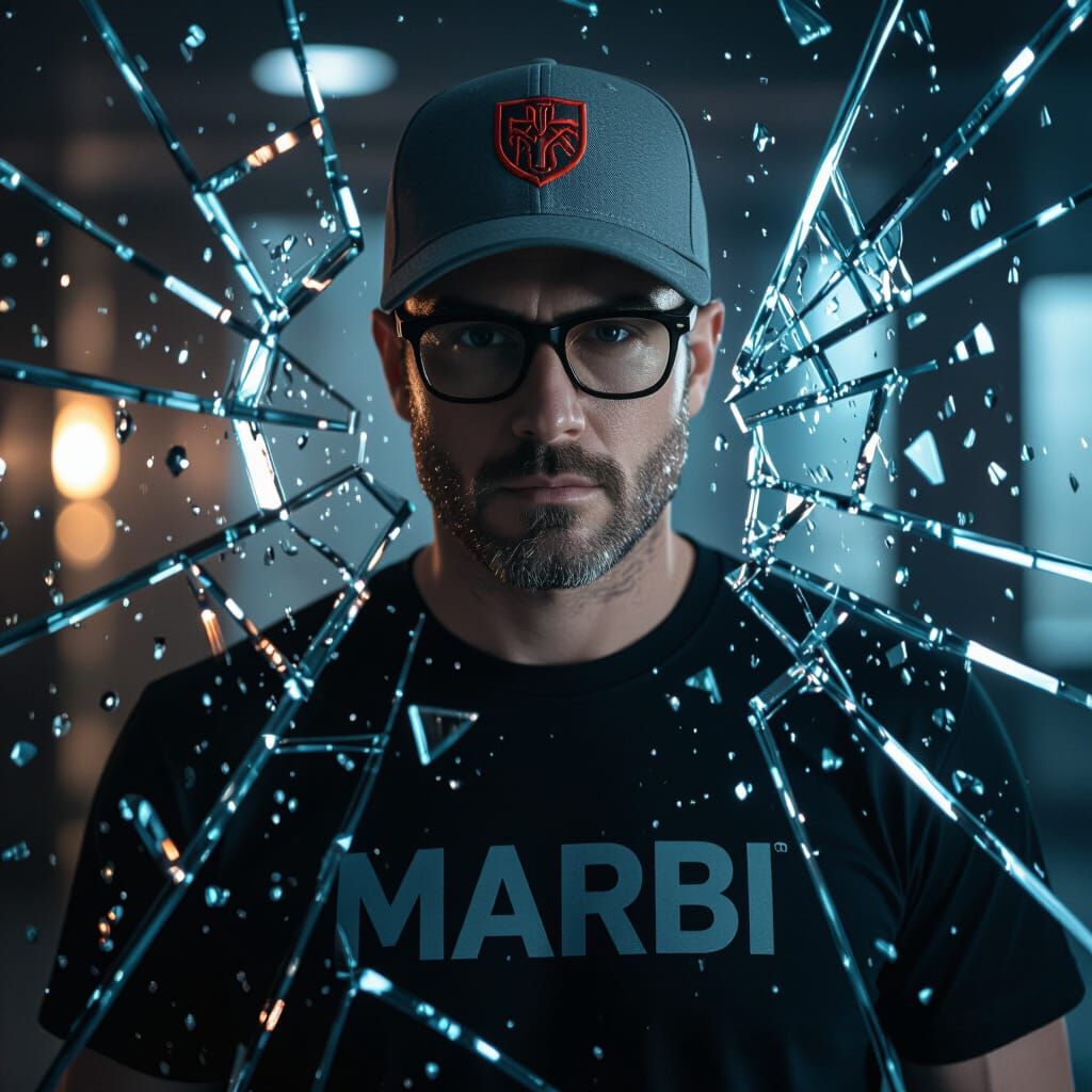 Man in Cap with Shattered Glass, Hyperrealistic