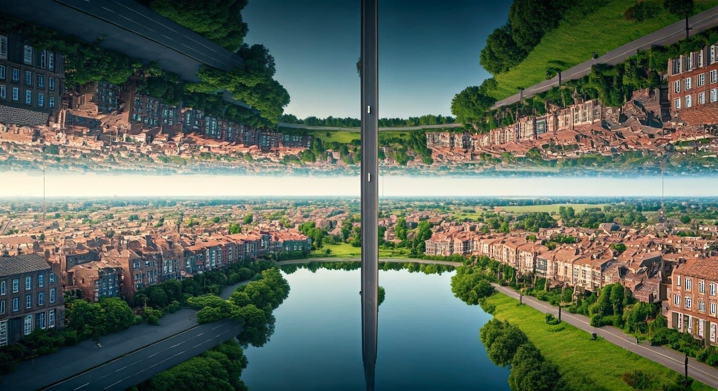 Surreal Suburban Landscape with Impossible Cityscape