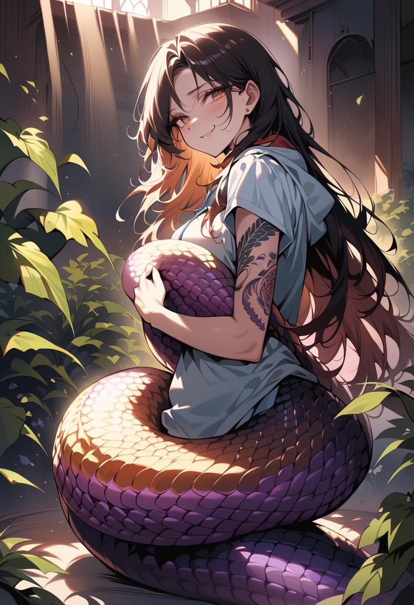 Lamia Snake Girl Hugging Tail on Summer Beach