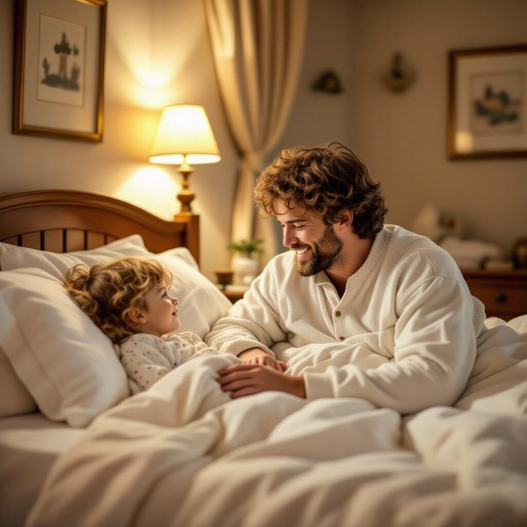 Cozy Bedtime Story Scene with Dad and Child