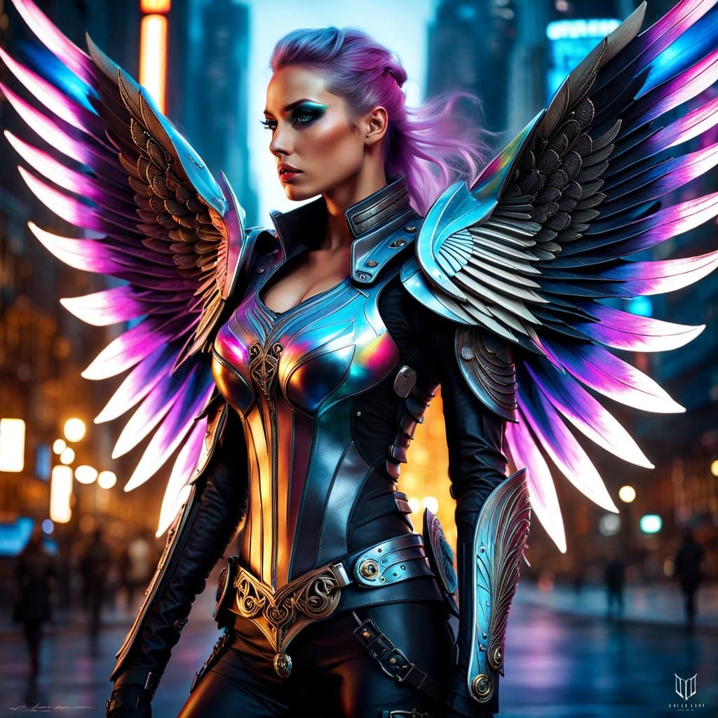 Combat Angel in Cyberpunk City, Photorealistic Art