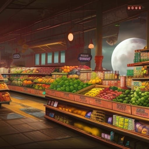 Grocery Store Under Full Moon: Detailed Matte Painting