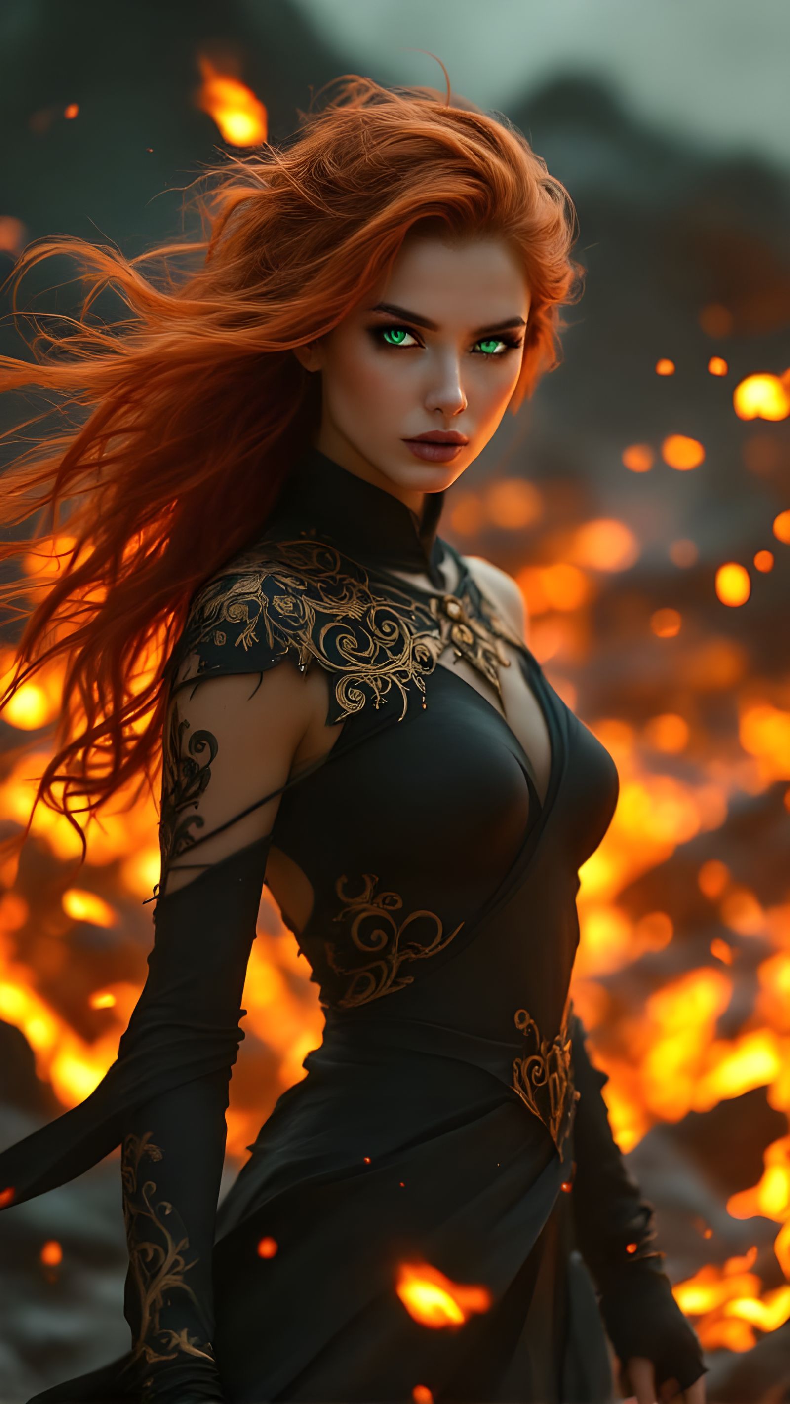 Enchanting Woman with Fiery Red Locks and Emerald Eyes in a ...