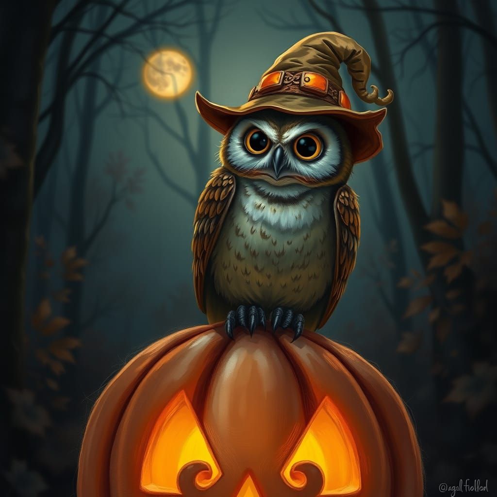 Wise Owl in Pumpkin Hat on Glowing Jack-o'-Lantern