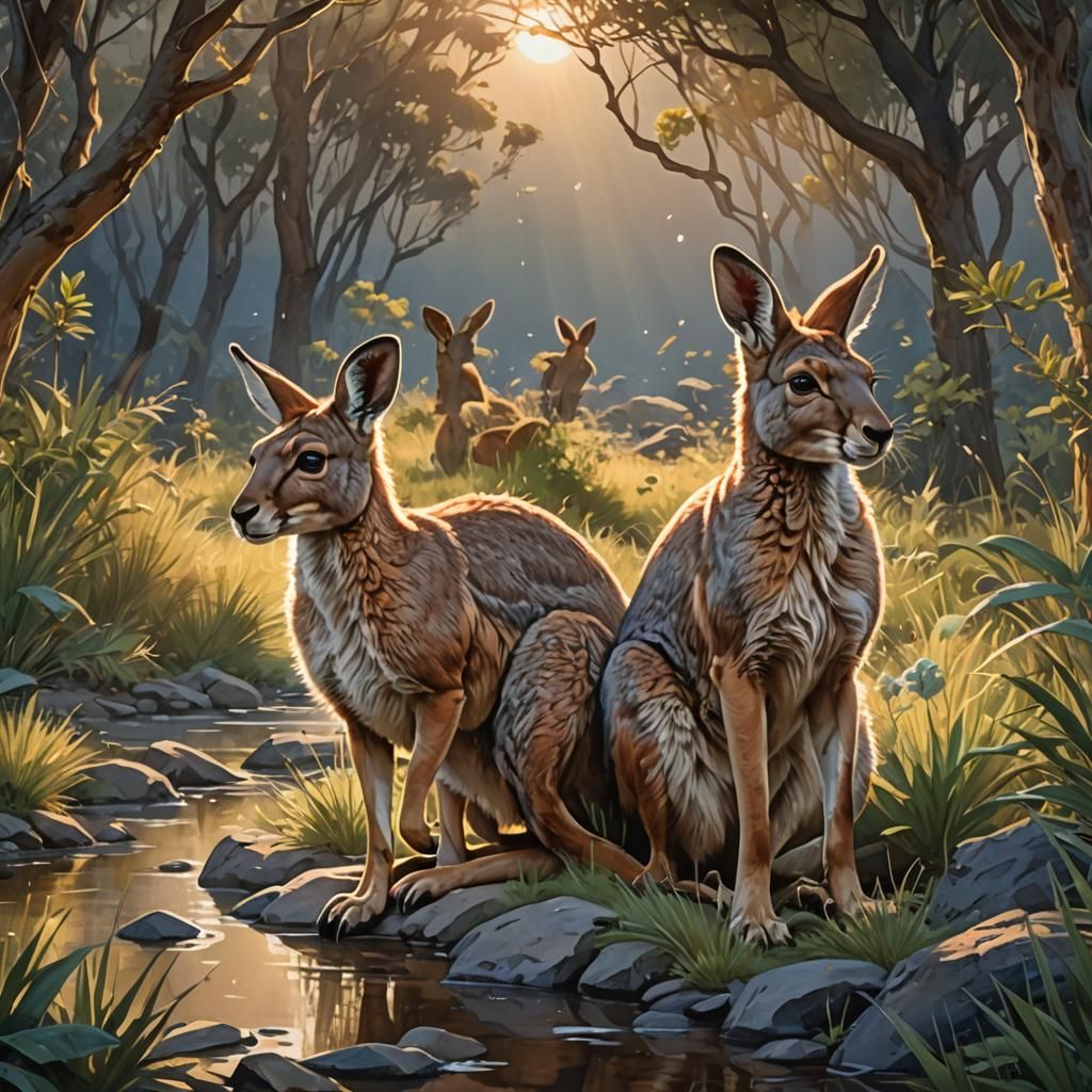 Kangaroos at Dawn in Watercolor Style