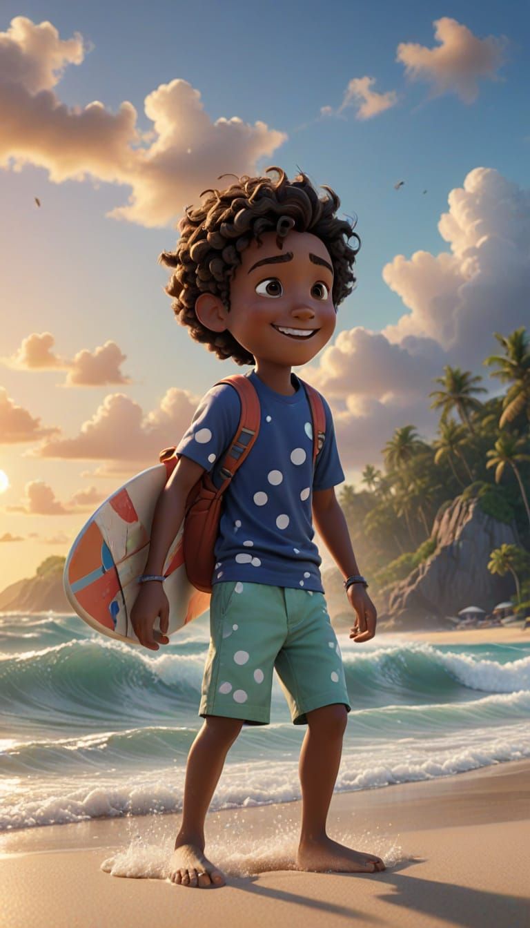 Cheerful Boy Surfs Tropical Beach in Vibrant Pixar Style