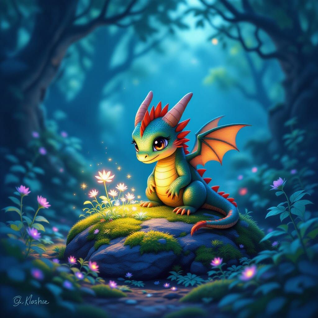 Miniature Dragon Tends Glowing Garden in Anime Oil Pastel St...