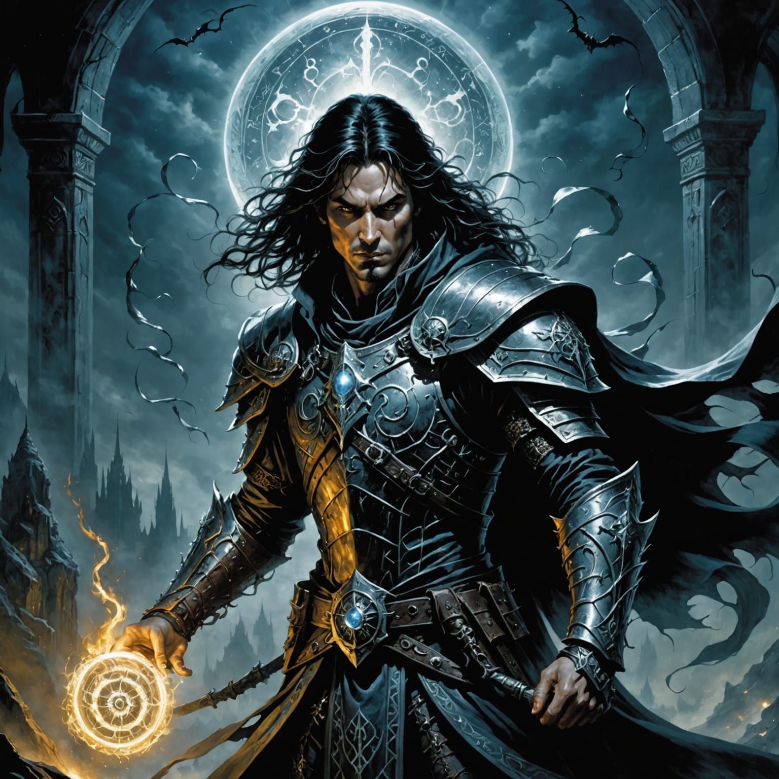 Warlock Summons Fiend in Dark Fantasy Comic Book Style