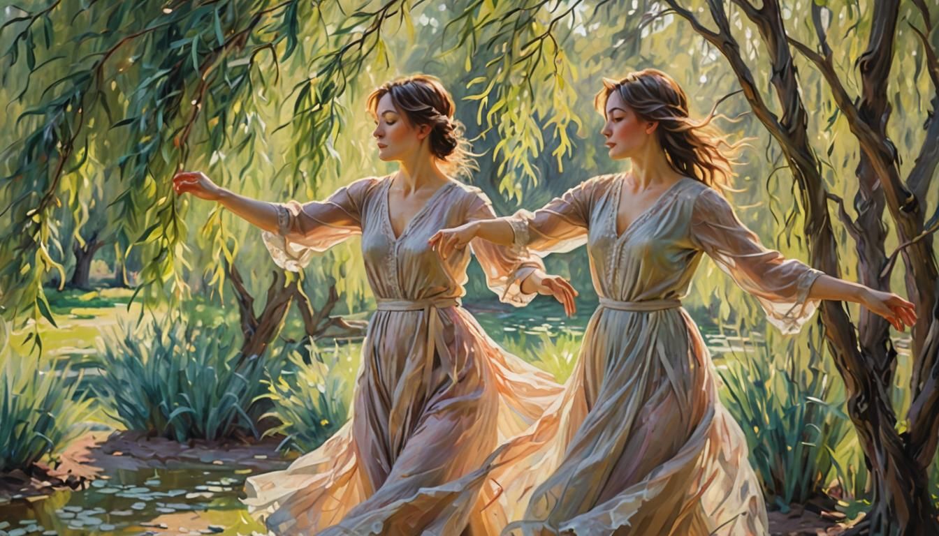Impressionist Woman Dancing Between Willow Trees