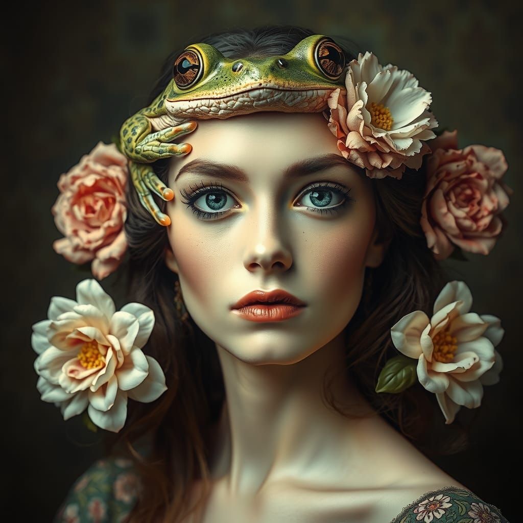 Surreal Portrait of Woman with Frog Eyes