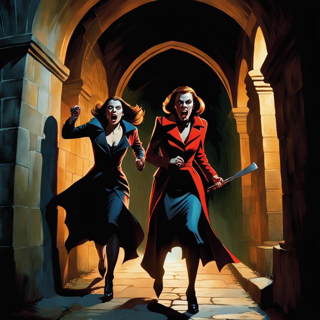 Vampire Chase in Crypt: Pulp Horror Illustration