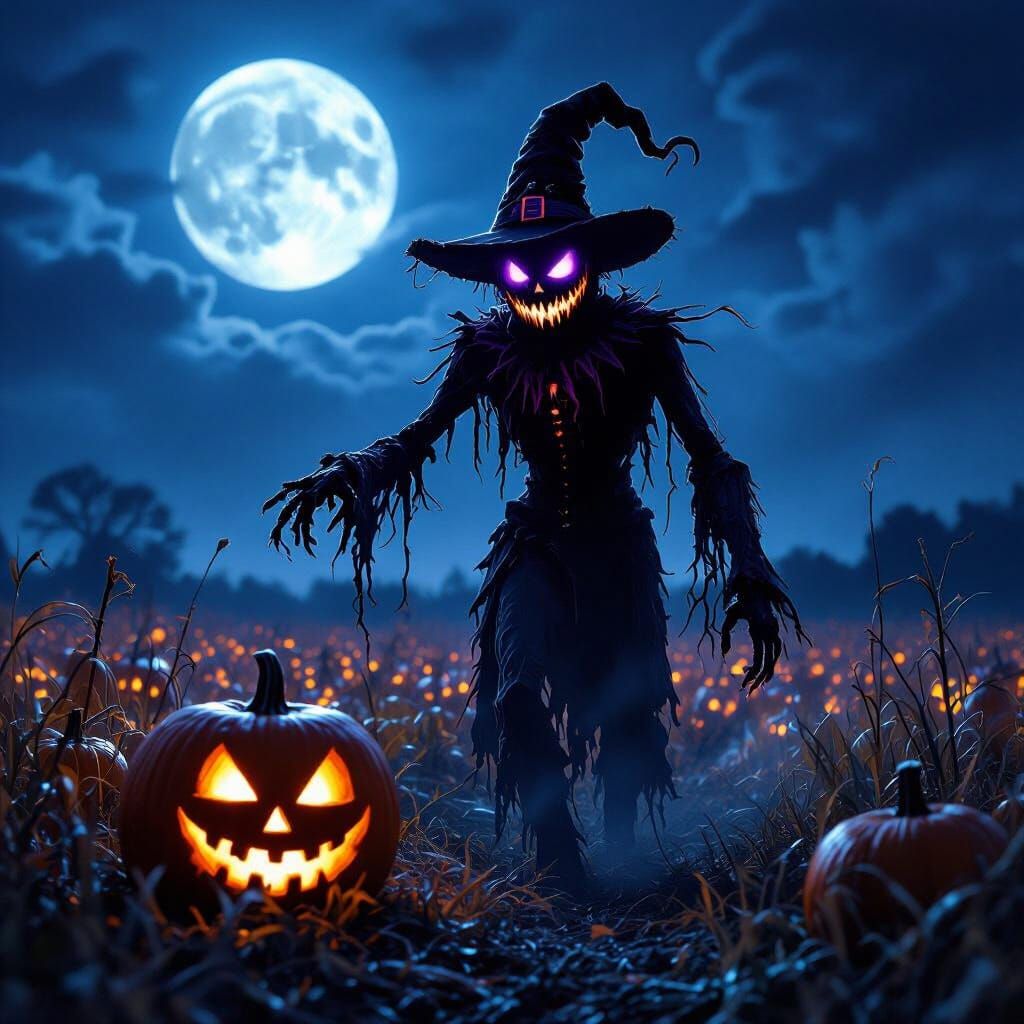 Creepy Scarecrow in a Moonlit Jack-o'-Lantern Field