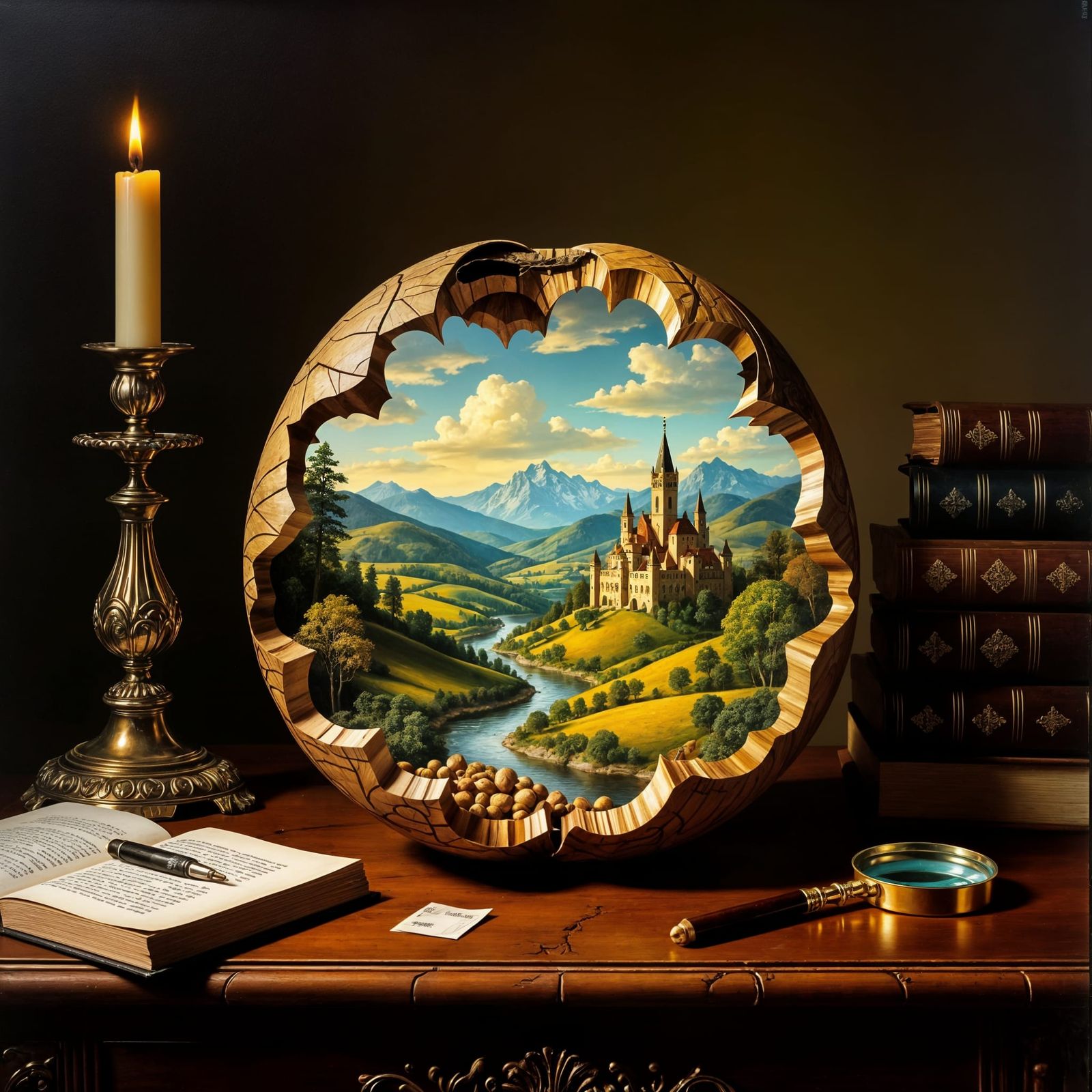 Miniature World Inside Walnut Shell as Oil Painting