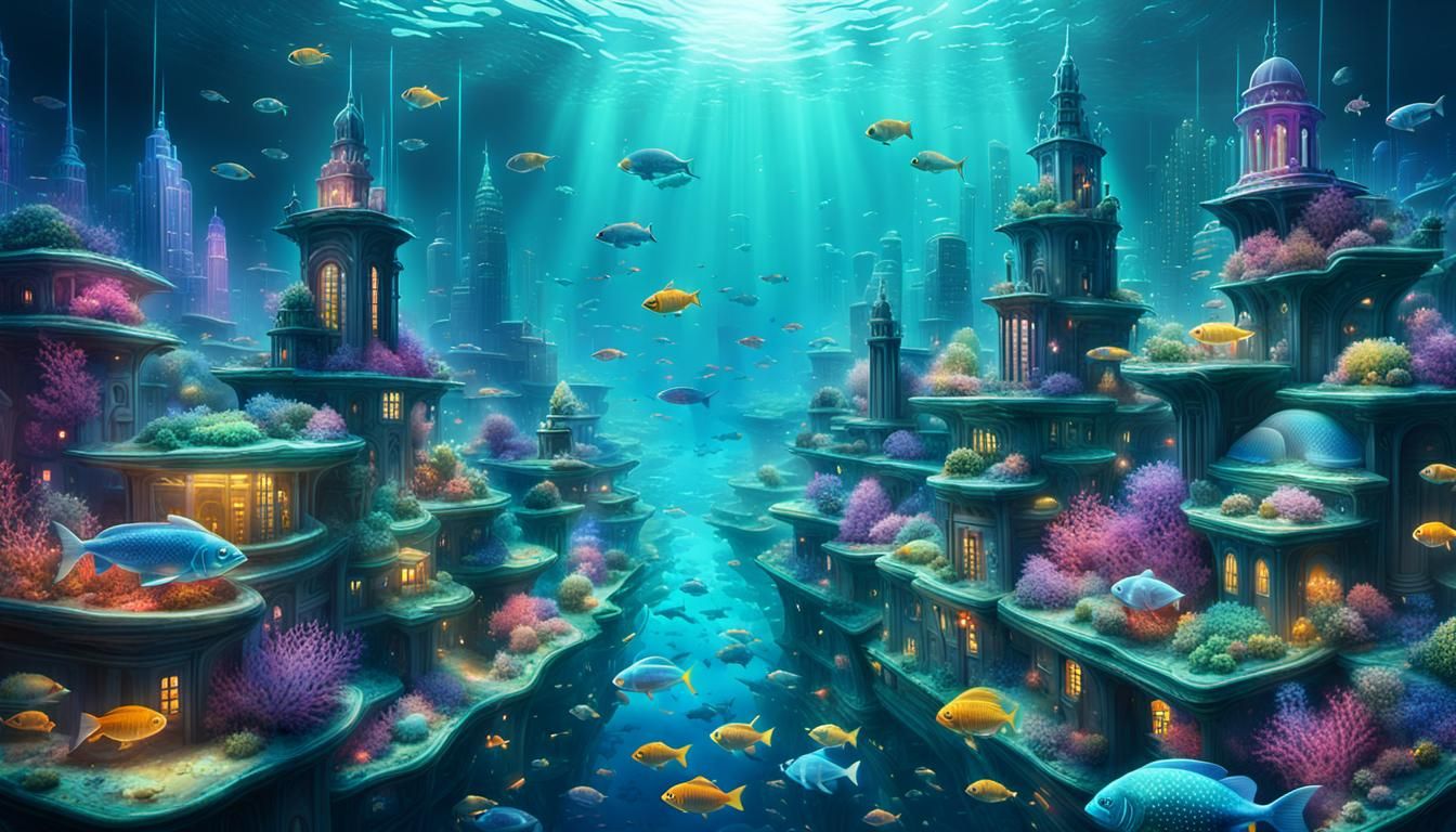 Vibrant Bioluminescent Metropolis Beneath the Sea