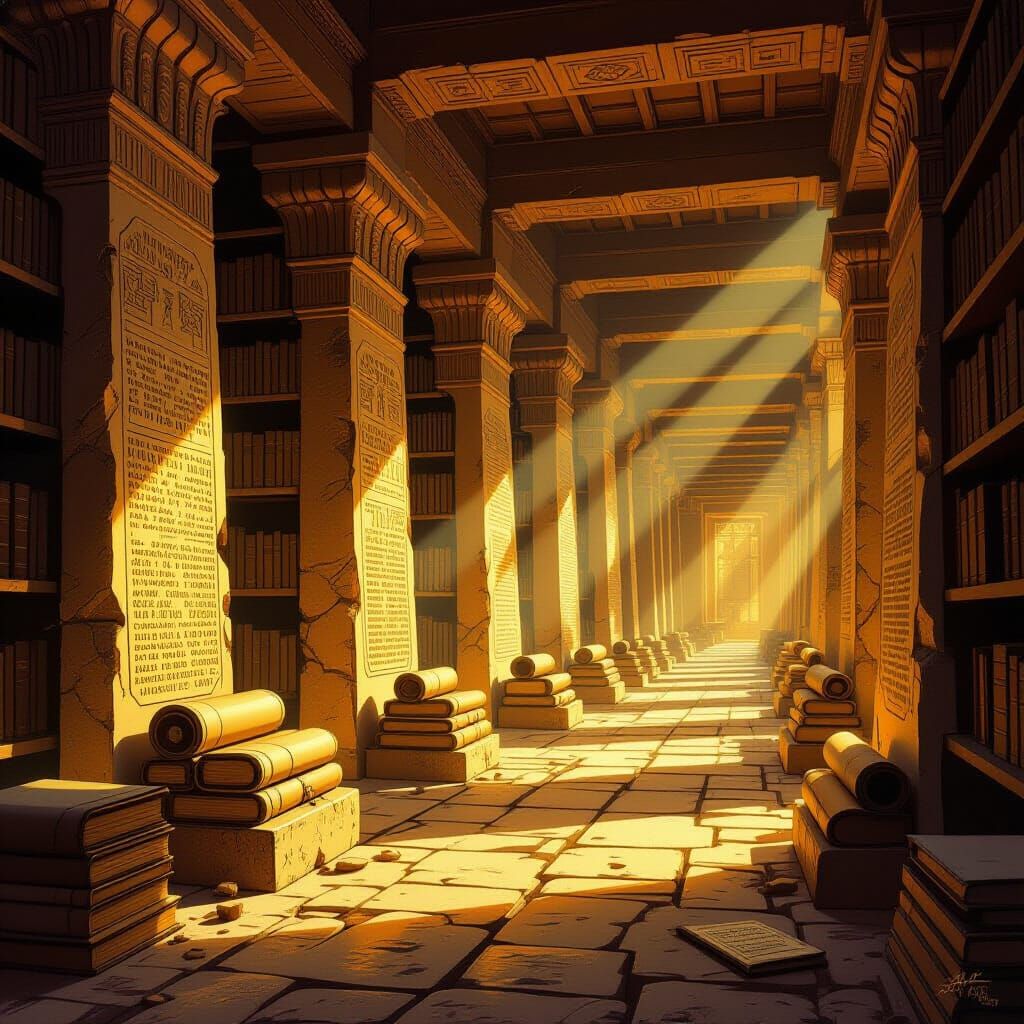 Ancient Assyrian Library with Stone Tablets in Golden Light