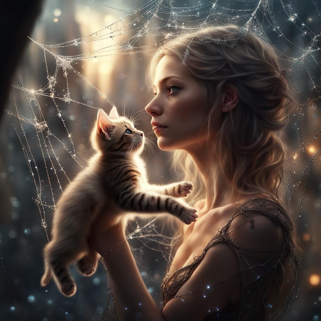 Fairy and Kitten in Sparkling Spiderweb