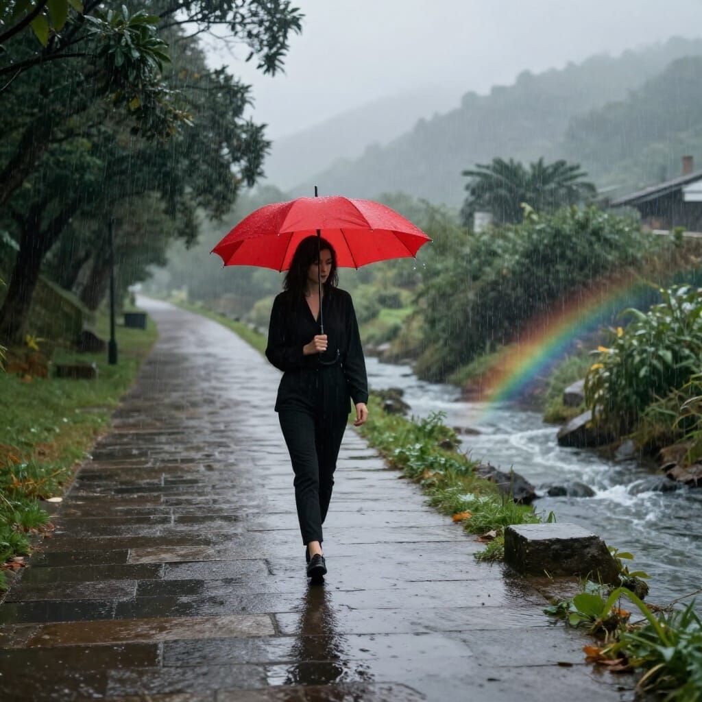 Woman with Red Umbrella in Cinematic Rainstorm