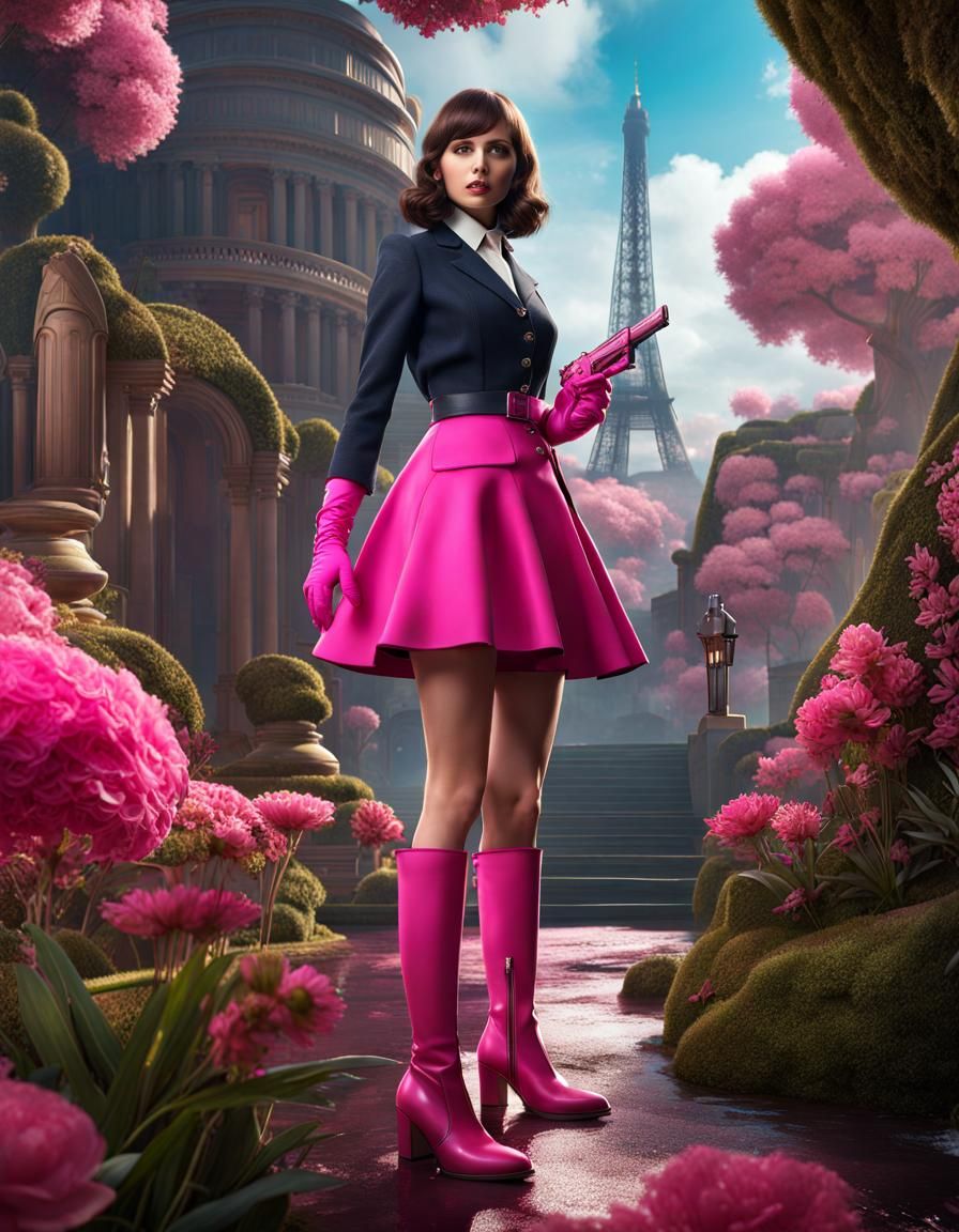 Pink 60s Secret Agent in Paris, Detailed Matte Painting