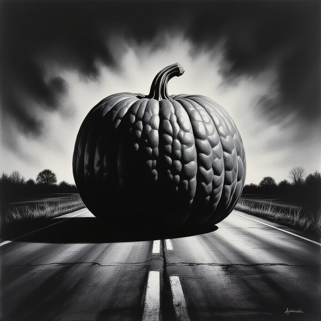 Giant Pumpkin on Deserted Road Charcoal Drawing