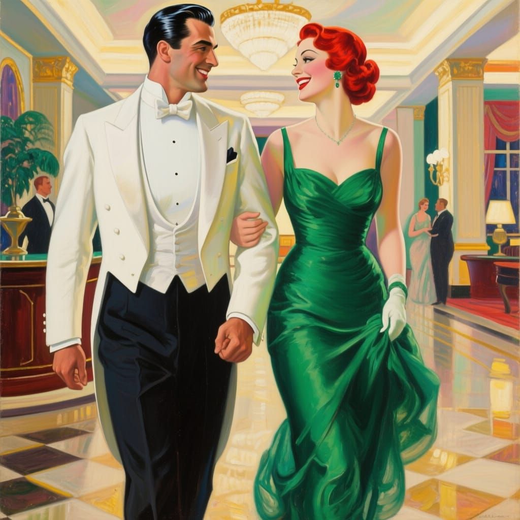 Elegant Couple in Art Deco Style Oil Painting