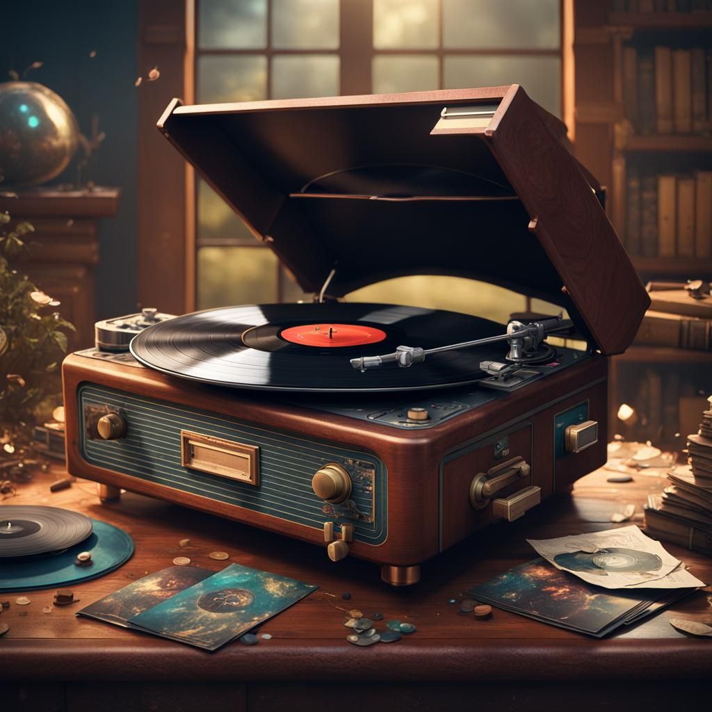 Vintage Record Player in Detailed Matte Painting Style