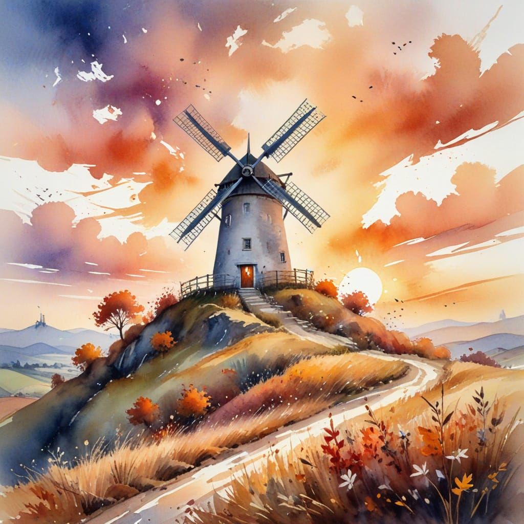 Autumn Windmill at Sunset in Watercolour Style