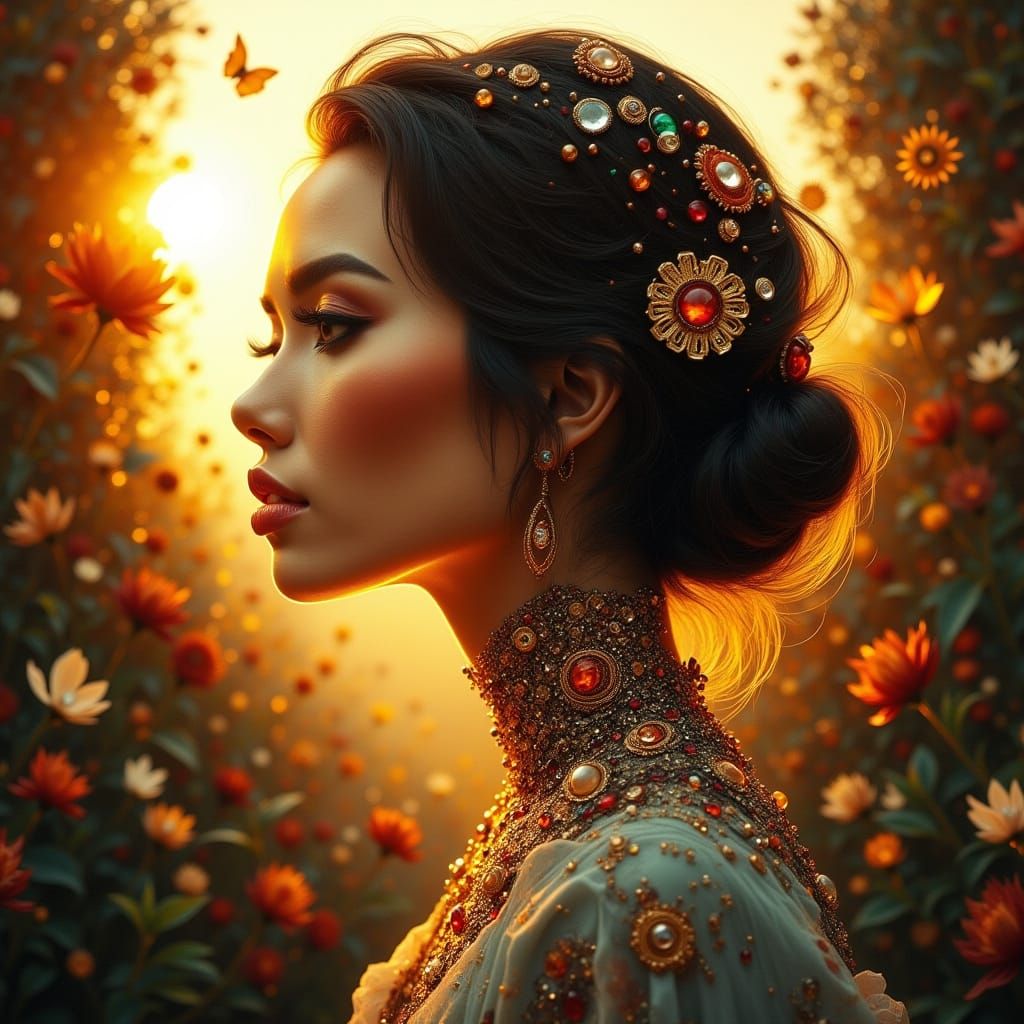 Gorgeous Woman Adorned with Jewels in Golden Hour Glow