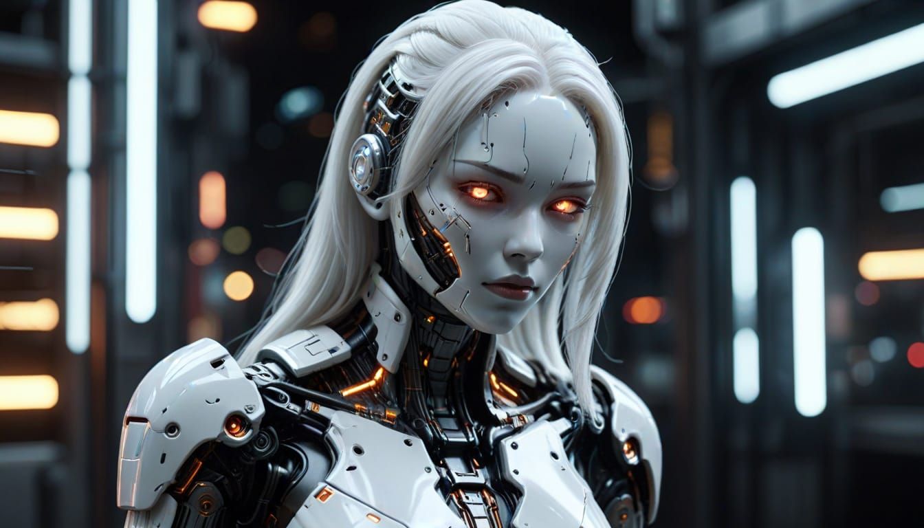 Japanese Gynoid Android in Cyberpunk Sci-Fi Cityscape