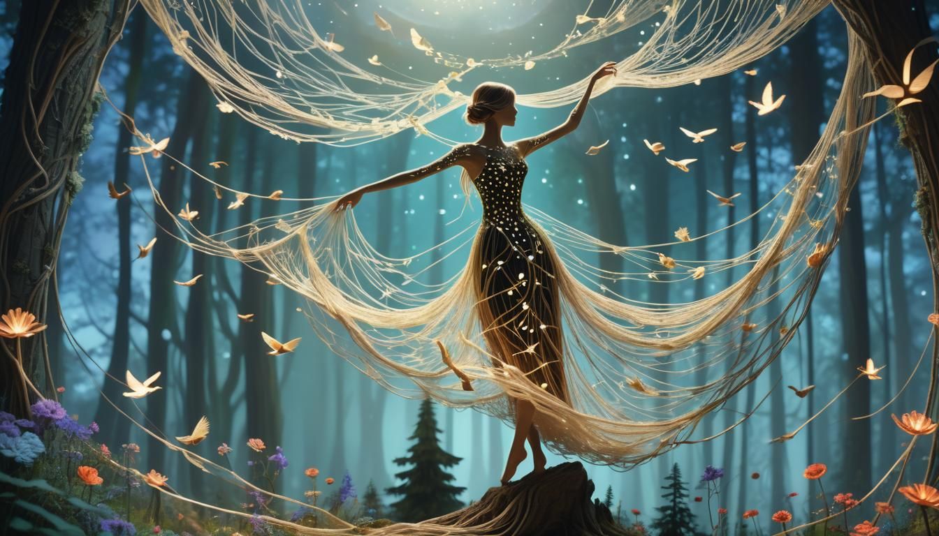 String Woman Dancing with Birds: Digital Art