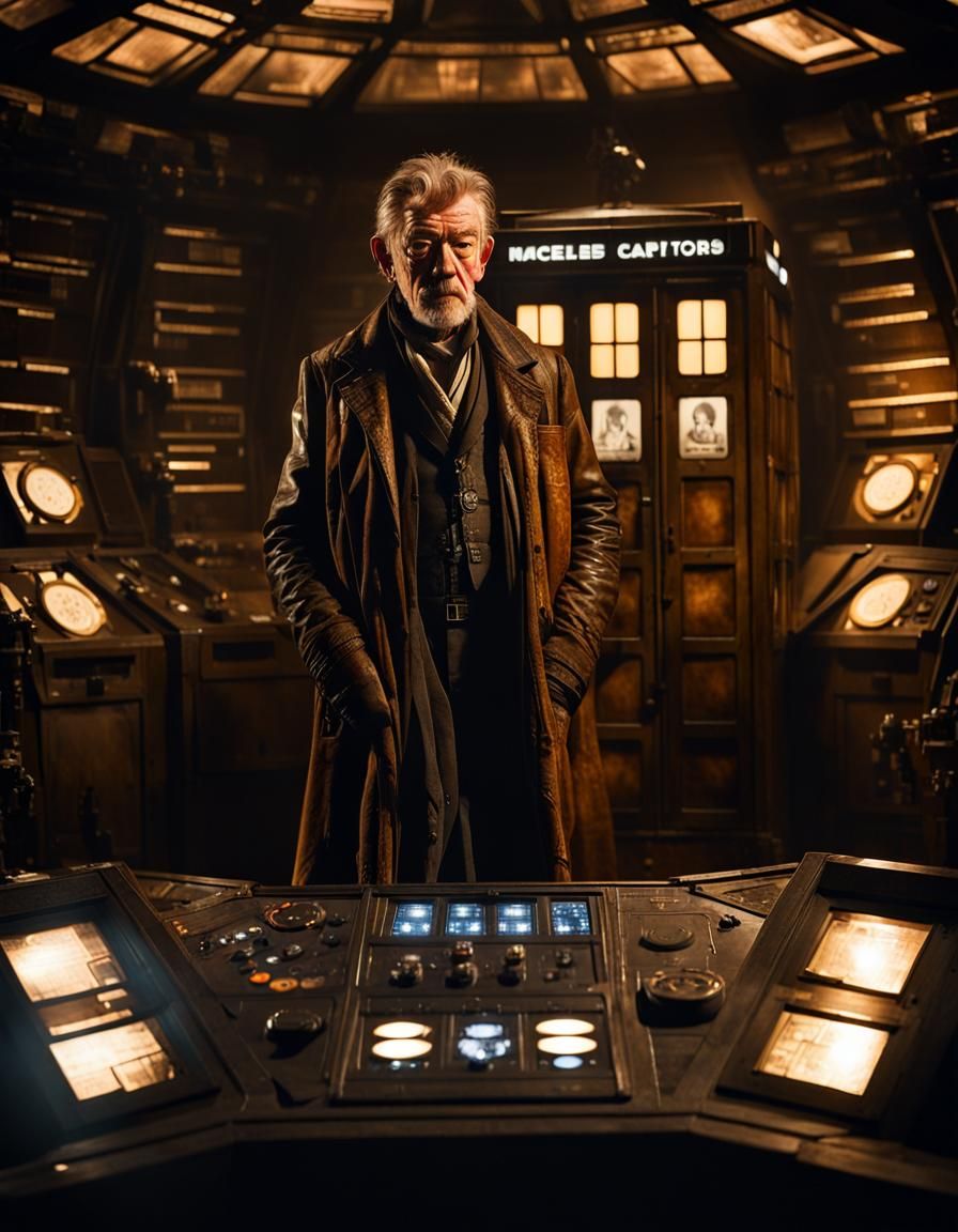 War Doctor Portrait in Damaged TARDIS: Cinematic Sci-Fi