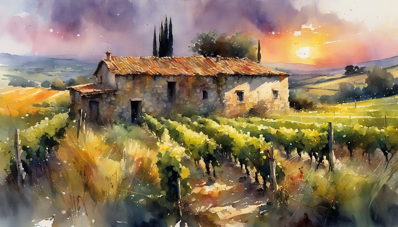 Watercolor Painting of Idyllic Italian Vineyard Landscape