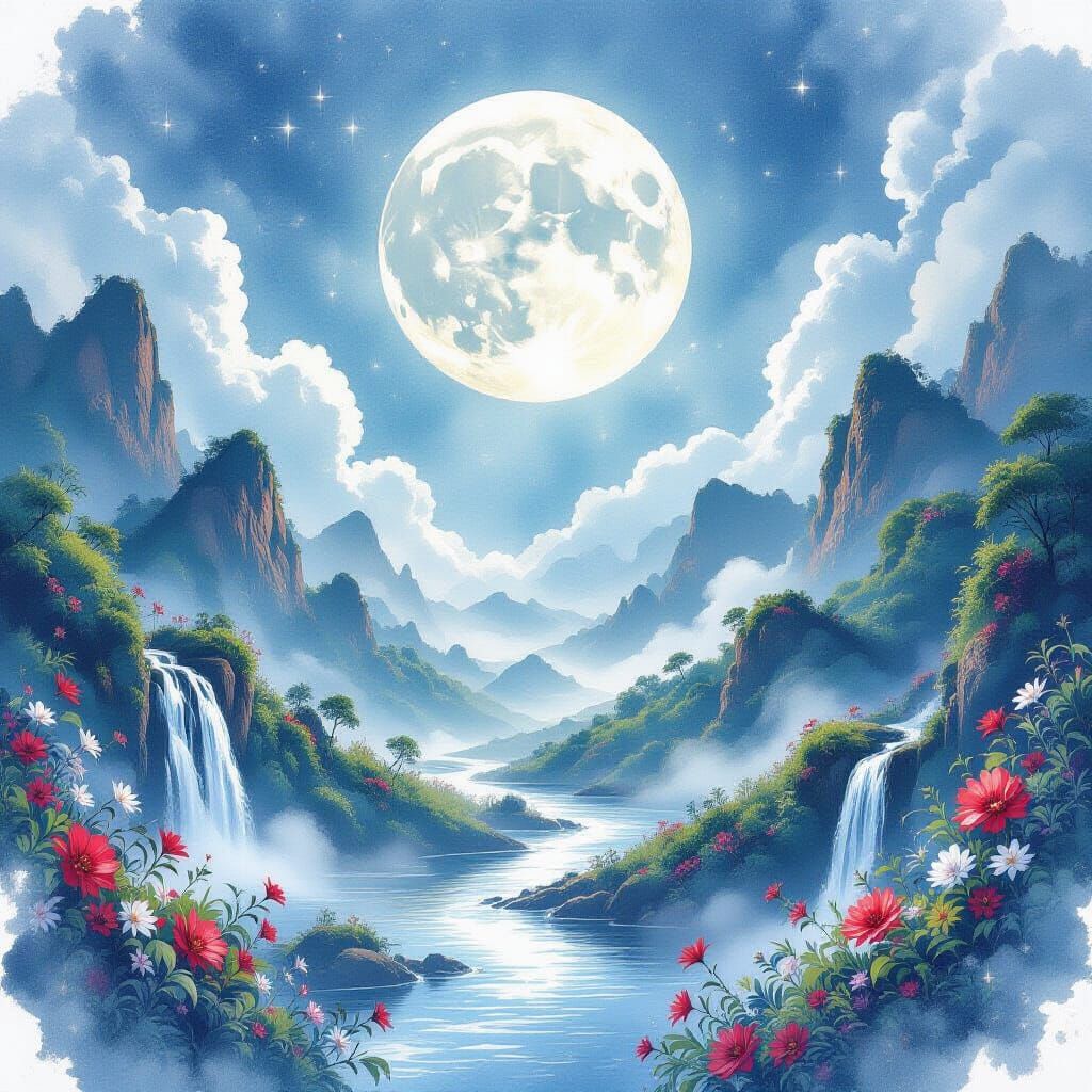 Moonlit Summer Landscape with Rivers and Waterfalls in Ink S...