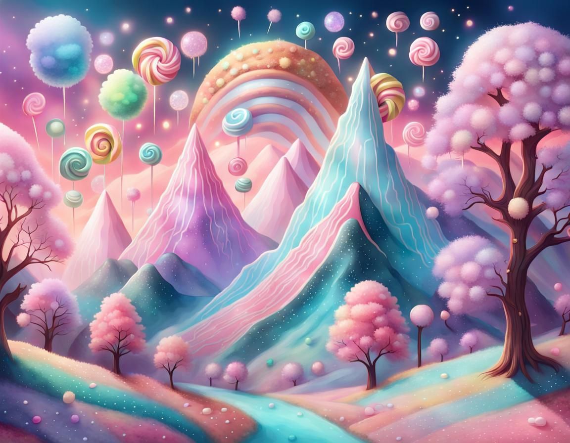 Candy Land Hills with Pastel Colors and Sparkles