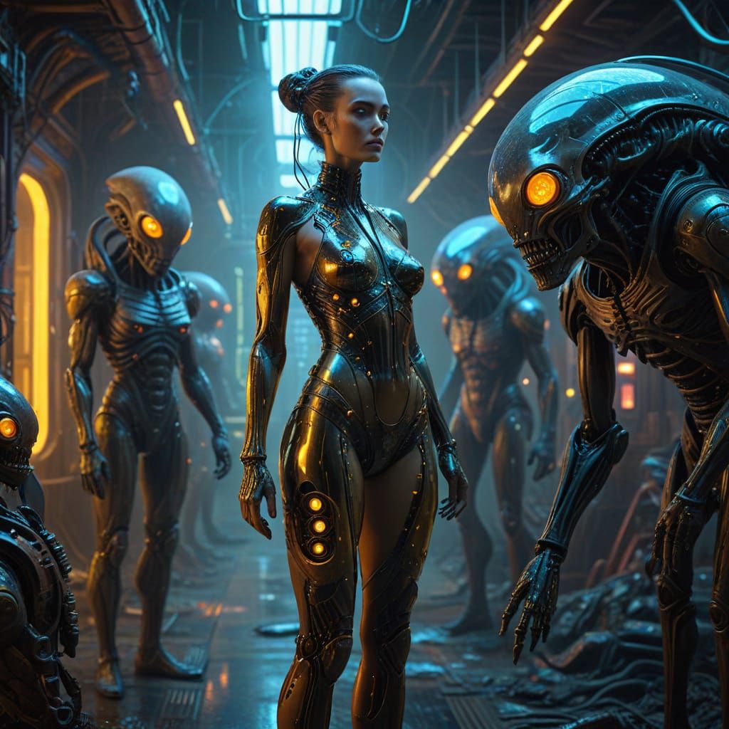 Surreal Sci-Fi Woman Among Aliens in Dystopian Setting