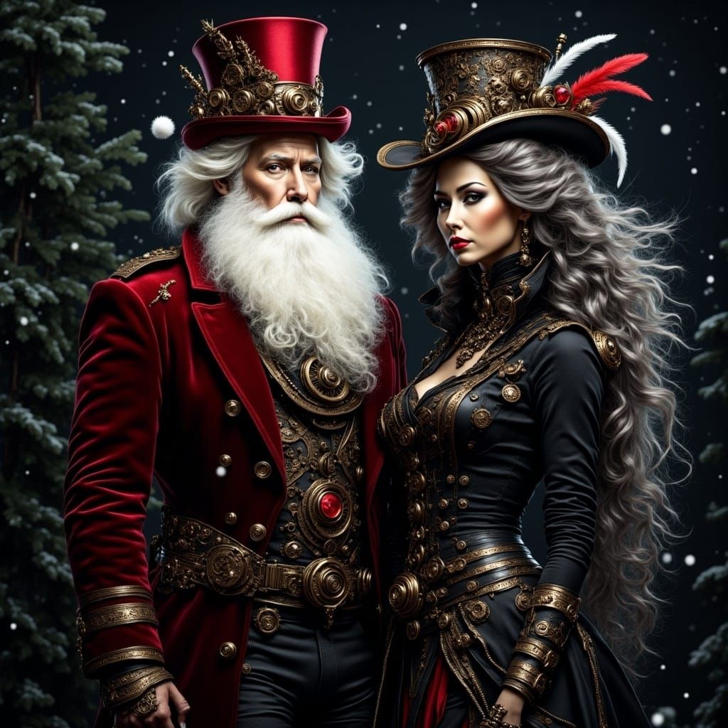 Whimsical Steampunk Santa and Wife in Winter