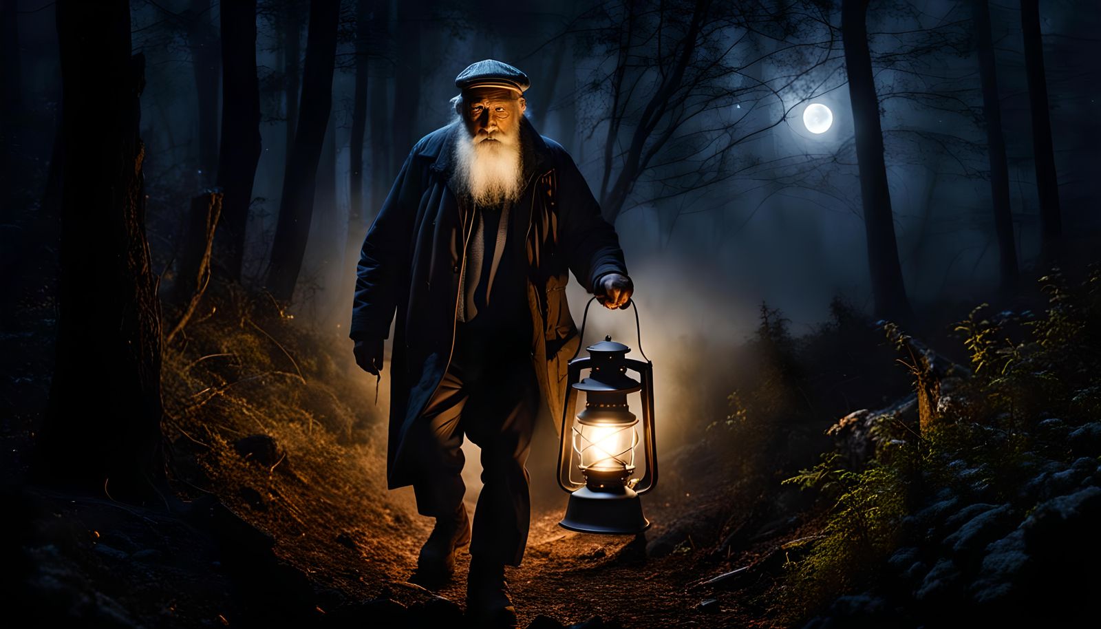 Old Man With Lantern in Dark Forest, Hyperrealistic