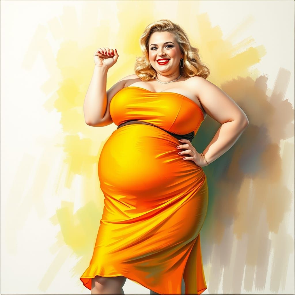 Radiant Woman in Orange Dress as Gouache Painting