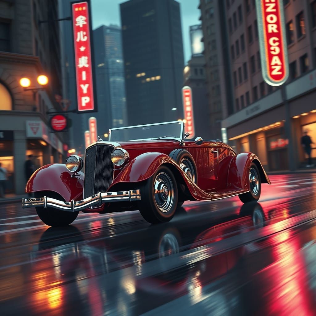 Vintage Red Chrome Car Speeds Down Rainy City Street