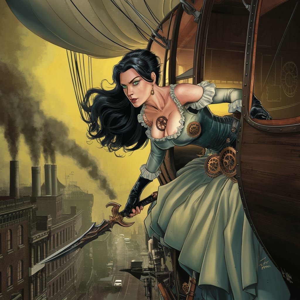 Steampunk Airship Heroine with Scimitar Illustration