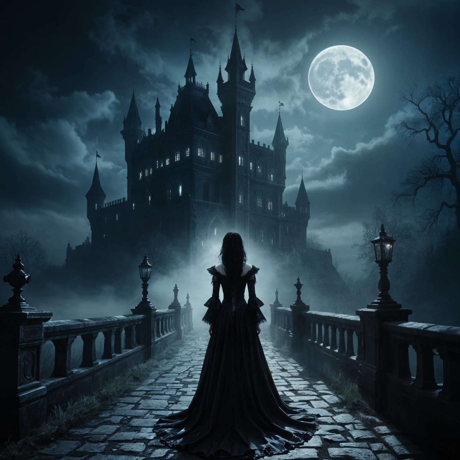 A stunningly beautiful Goth woman with pale skin, dark, smok...