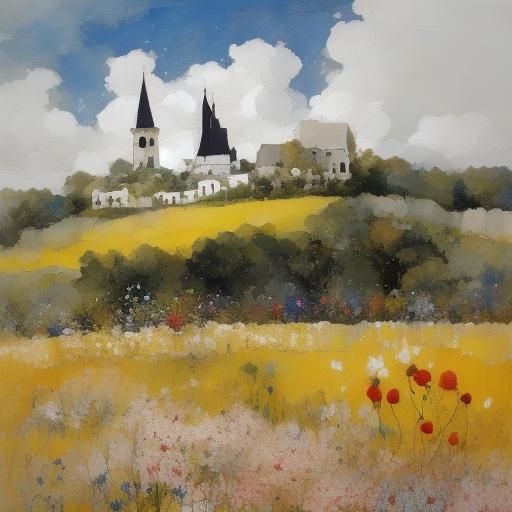 Church in Floral Field: Splatter Art Style