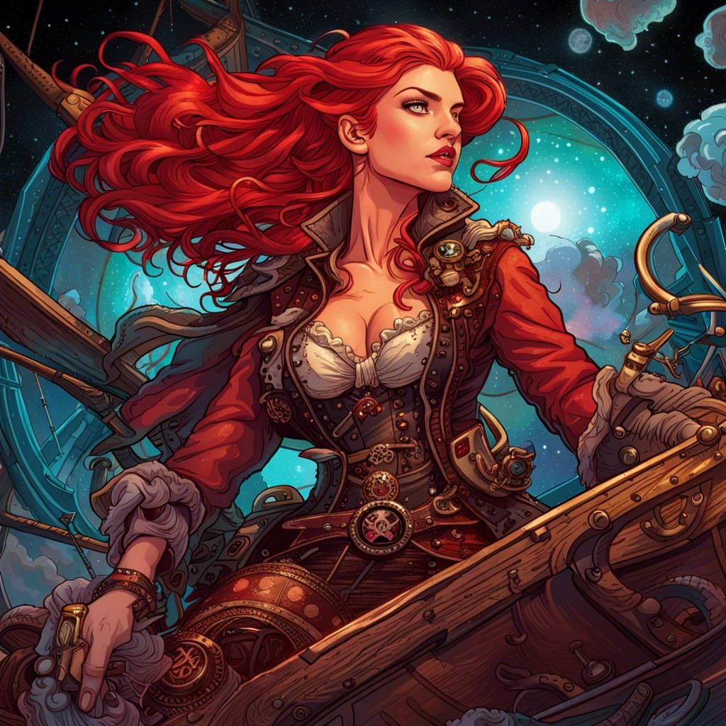 Steampunk Pirate Queen Sails Nebula in Neon Artwork
