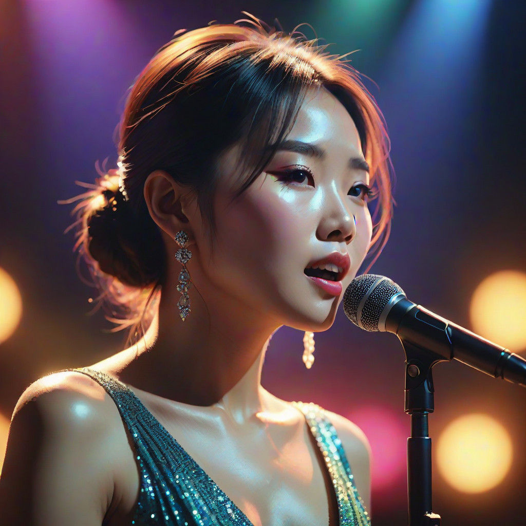 Vibrant Oil Painting of a Young Chinese Singer in Elegant Fa...