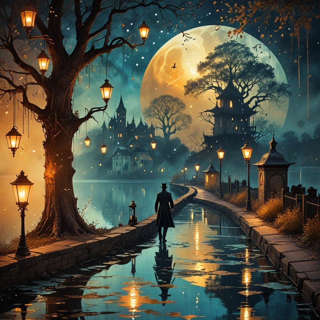 Steampunk Magician Under Full Moonlight