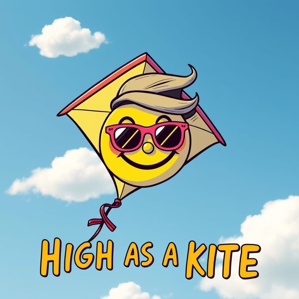 Cartoon Kite with Stoned Smiley Face in Pop Art Style