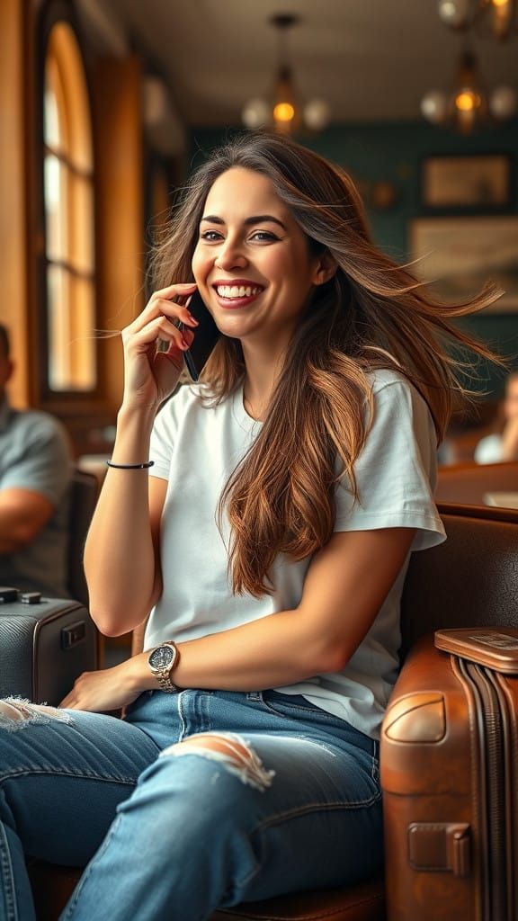 A Woman's Joyful Moment in a Cozy Restaurant